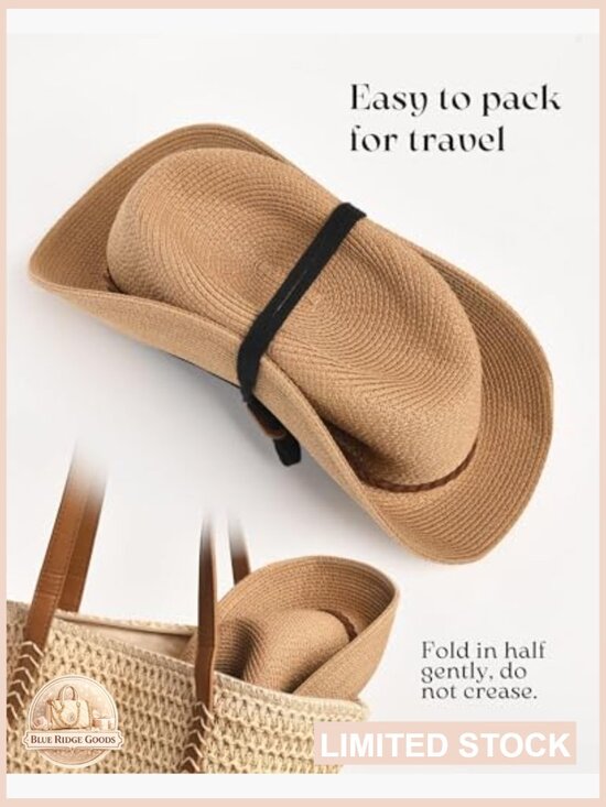 Wide Brim Sun Hat UPF 50+ Panama Fedora Foldable Packable Straw Beach Hat